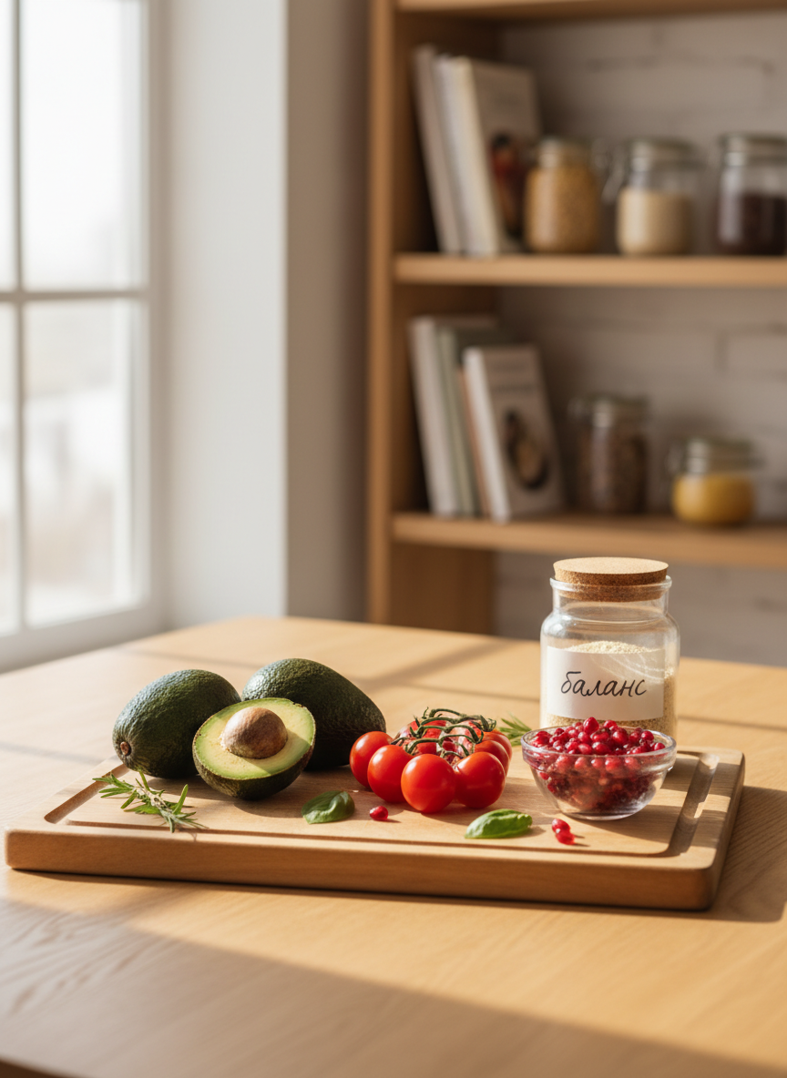 A bright, uncluttered kitchen table scene centered around a large, smooth wooden cutting board neatly arranged with colorful whole foods: ripe avocados, glossy cherry tomatoes, ruby pomegranate seeds in a small glass bowl, sprigs of fresh herbs, and a jar labeled “баланс” in elegant handwriting. In the background, softly blurred shelves with cookbooks and glass jars of grains suggest a thoughtful, intellectual approach to nutrition. Soft morning daylight filters in from the left, creating gentle highlights on the produce and subtle shadows on the table. Photographic realism, eye-level composition with a shallow depth of field, calm and inviting mood, clean and modern aesthetic that feels warm, intelligent, and approachable.